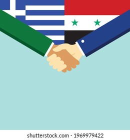 The handshake and two flags Greece and Syria. Flat style vector illustration.