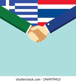 The handshake and two flags Greece and Thailand. Flat style vector illustration.