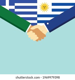 The handshake and two flags Greece and Uruguay. Flat style vector illustration.