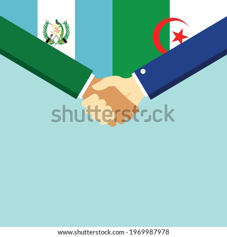 The handshake and two flags Guatemala and Algeria. Flat style vector illustration.
