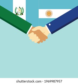 The handshake and two flags Guatemala and Argentina. Flat style vector illustration.