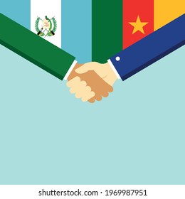 The handshake and two flags Guatemala and Cameroon. Flat style vector illustration.