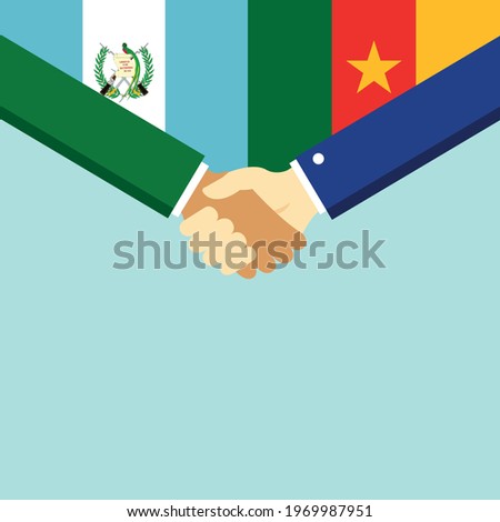 The handshake and two flags Guatemala and Cameroon. Flat style vector illustration.