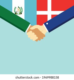 The handshake and two flags Guatemala and Denmark. Flat style vector illustration.