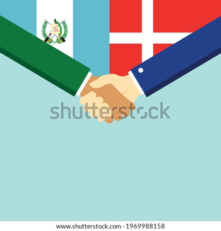 The handshake and two flags Guatemala and Denmark. Flat style vector illustration.