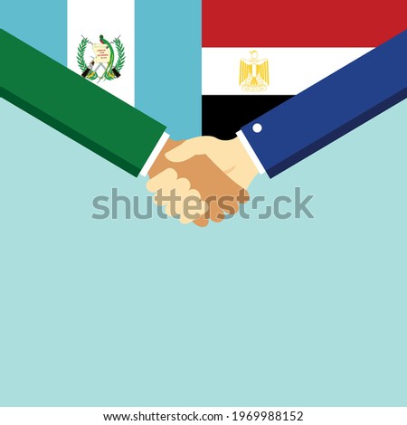 The handshake and two flags Guatemala and Egypt. Flat style vector illustration.