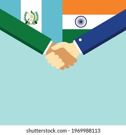 The handshake and two flags Guatemala and India. Flat style vector illustration.