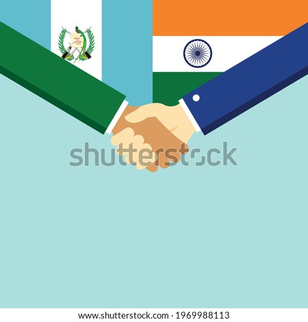 The handshake and two flags Guatemala and India. Flat style vector illustration.