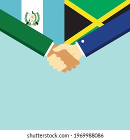 The handshake and two flags Guatemala and Jamaica. Flat style vector illustration.
