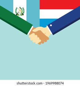 The handshake and two flags Guatemala and Luxembourg. Flat style vector illustration.