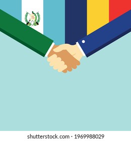 The handshake and two flags Guatemala and Romania. Flat style vector illustration.