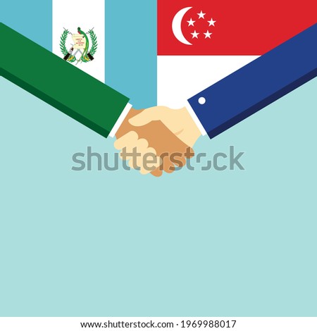 The handshake and two flags Guatemala and Singapore. Flat style vector illustration.