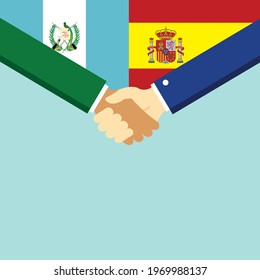 The handshake and two flags Guatemala and Spain. Flat style vector illustration.