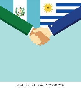 The handshake and two flags Guatemala and Uruguay. Flat style vector illustration.