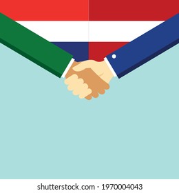 The handshake and two flags Holland and Austria. Flat style vector illustration.