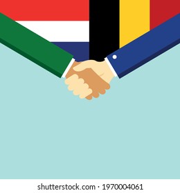 The handshake and two flags Holland and Belgium. Flat style vector illustration.