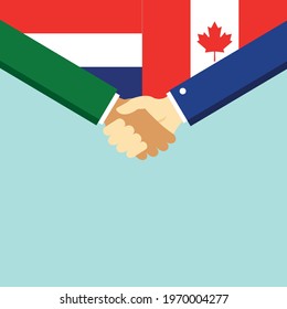 The handshake and two flags Holland and Canada. Flat style vector illustration.