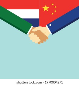 The handshake and two flags Holland and China. Flat style vector illustration.