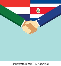 The handshake and two flags Holland and Costa Rica. Flat style vector illustration.