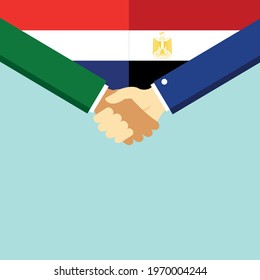The handshake and two flags Holland and Egypt. Flat style vector illustration.