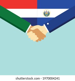 The handshake and two flags Holland and El Salvador. Flat style vector illustration.