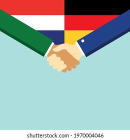 The handshake and two flags Holland and Germany. Flat style vector illustration.