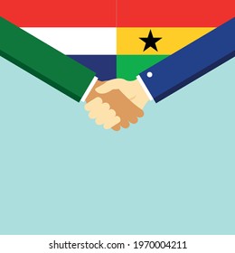 The handshake and two flags Holland and Ghana. Flat style vector illustration.