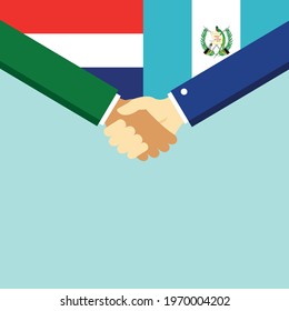 The handshake and two flags Holland and Guatemala. Flat style vector illustration.