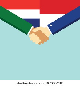 The handshake and two flags Holland and Indonesia. Flat style vector illustration.