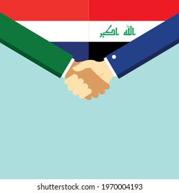 The handshake and two flags Holland and Iraq. Flat style vector illustration.