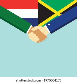 The handshake and two flags Holland and Jamaica. Flat style vector illustration.