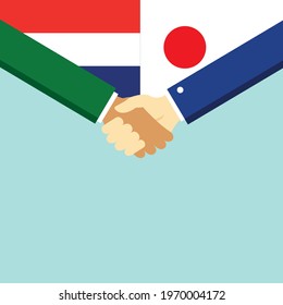 The handshake and two flags Holland and Japan. Flat style vector illustration.