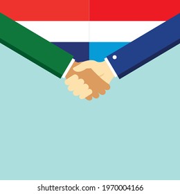 The handshake and two flags Holland and Luxembourg. Flat style vector illustration.
