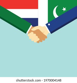The handshake and two flags Holland and Pakistan. Flat style vector illustration.