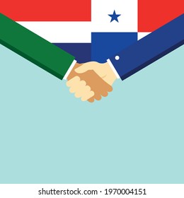 The handshake and two flags Holland and Panama. Flat style vector illustration.