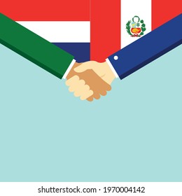 The handshake and two flags Holland and Peru. Flat style vector illustration.