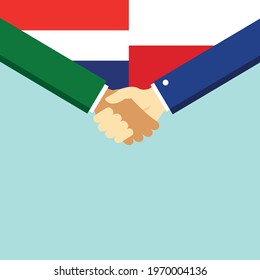 The handshake and two flags Holland and Poland. Flat style vector illustration.