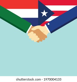The handshake and two flags Holland and Puerto Rico. Flat style vector illustration.