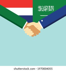 The handshake and two flags Holland and Saudi Arabia. Flat style vector illustration.