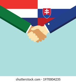 The handshake and two flags Holland and Slovakia. Flat style vector illustration.