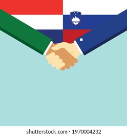 The handshake and two flags Holland and Slovenia. Flat style vector illustration.