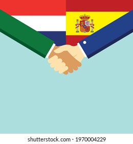 The handshake and two flags Holland and Spain. Flat style vector illustration.