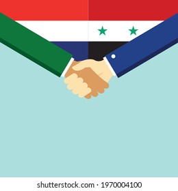 The handshake and two flags Holland and Syria. Flat style vector illustration.