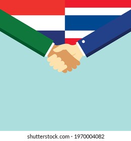 The handshake and two flags Holland and Thailand. Flat style vector illustration.
