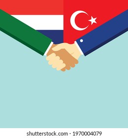 The handshake and two flags Holland and Turkey. Flat style vector illustration.