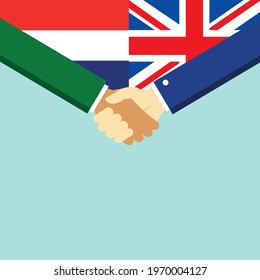 The handshake and two flags Holland and United Kingdom. Flat style vector illustration.