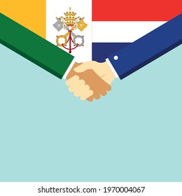 The handshake and two flags Holland and Vatican. Flat style vector illustration.