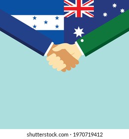 The handshake and two flags Honduras and Australia. Flat style vector illustration.