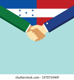 The handshake and two flags Honduras and Austria. Flat style vector illustration.