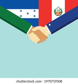 The handshake and two flags Honduras and Peru. Flat style vector illustration.